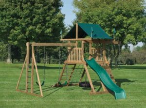Backyard Playground Set of Wood and Green Slide