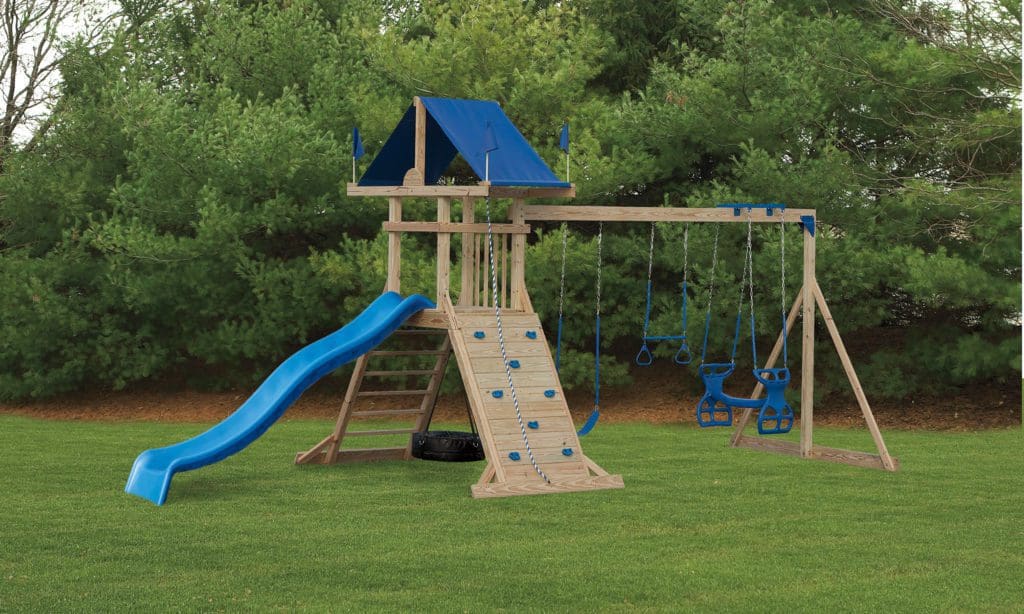 Backyard Playground Set of Wood and Blue Slide With A Wood Wall Climbing
