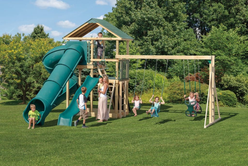 Backyard Playground Set of Wood and Blue Green Spiral Tunnel and Straight Slide
